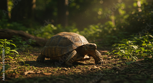 Majestic tortoise peacefully strolling through lush forest, basking in sunlight's warm embrace, adventure
