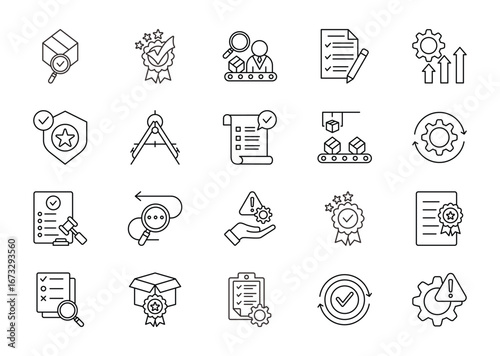 Quality control thin line icon set. Containing quality, inspection, evaluation, improve, production