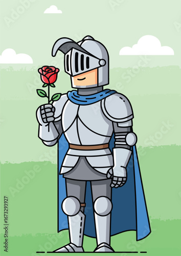 Knight holding a red rose bravely.