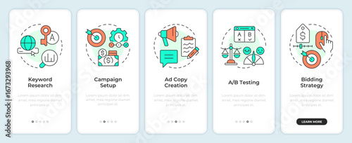 SEM campaign strategies onboarding mobile app screen. Keywords research. Walkthrough 5 steps editable graphic instructions with linear concepts. UI, UX, GUI. Montserrat SemiBold, Regular fonts used