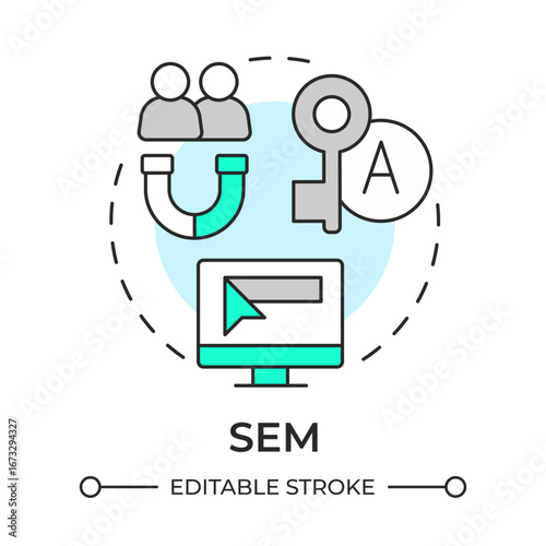 SEM multi color concept icon. Lead generation, marketing. Target audience, customers. Round shape line illustration. Abstract idea. Graphic design. Easy to use in presentation, infographic