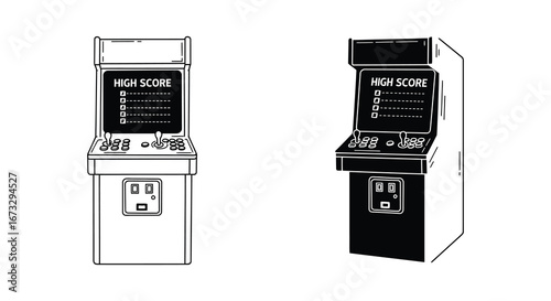 Two classic arcade machines side by side with high score displays