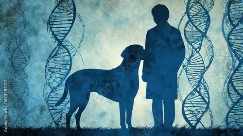 Interwoven dog and human silhouettes against DNA, symbolizing shared health journeys.