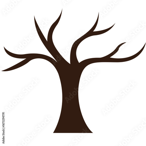 A bare tree illustration with no leaves, dark brown branches, minimal flat design for autumn or dramatic landscape concepts.