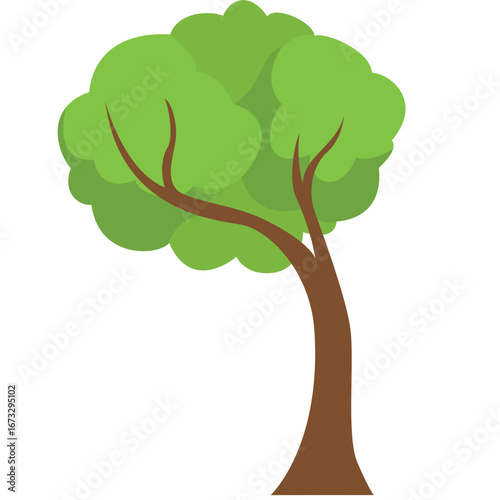 Vector illustration of a leafy green tree with brown trunk, leaning slightly right, perfect for nature and landscape design.
