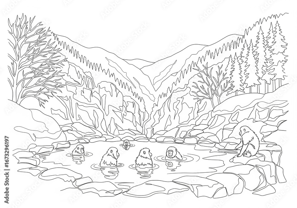 Obraz premium Jigokudani Monkey Park (地獄谷野猿公苑) in Japan one line drawing style 