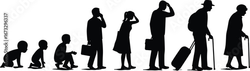 Human life stages silhouette from crawling baby to elderly, people walking, working, traveling with suitcase, aging process concept in black vector