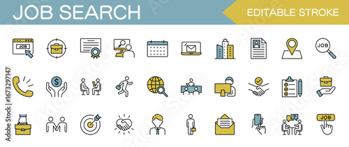 Job Search Icon Set – Resume, Interview and Employment. Editable stroke. Colored vector illustration.
