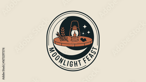 Illustration of a lantern and branch on a table under stars within a moonlight feast emblem