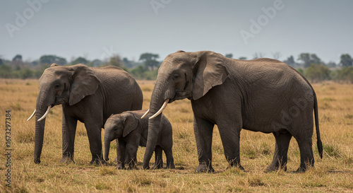 Majestic elephant family traverses the savanna  a heartwarming scene of nature s grandeur and protection