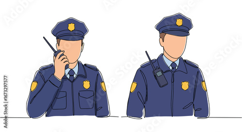 Two cartoon security guards with radios and uniforms on white background