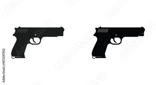 Two black pistols side by side on a white background