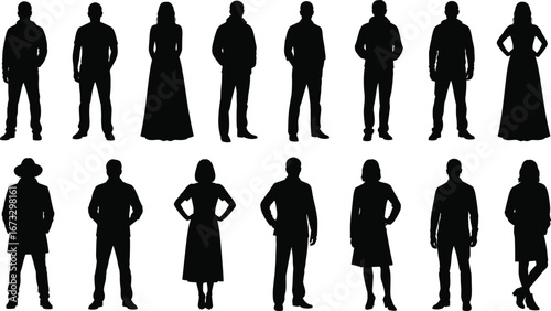 Silhouettes of diverse men and women standing in various poses, casual and formal clothing, isolated vector illustration, people character set, fashion and posture concept