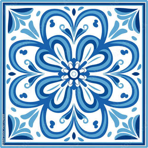 Traditional ceramic tiles Azulejo vector illustration. Italian print and pattern for fabric and wallpaper. Sicilian majolica in blue tones. Ornament in Mediterranean style.