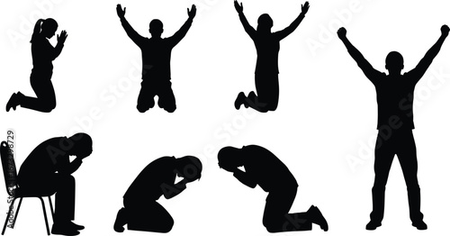 Silhouette of people praying, kneeling, celebrating, expressing emotions, worship and despair poses, isolated vector illustration, emotional human posture collection, spiritual and mental concept