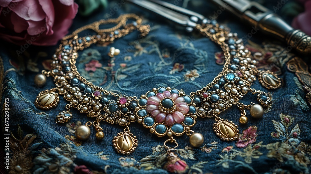 Obraz premium Handmade anklet adorned with tiny charms and bells laid on a decorative cloth beside delicate chains jump rings and crafting pliers