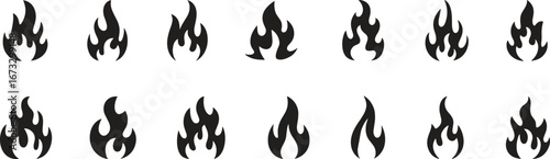Flame fire icon set, burning heat symbols, fire vector design, hot energy shape, blaze illustration, wildfire graphic, danger silhouette elements
