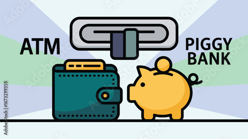 Illustration of an atm machine, a wallet with money, and a piggy bank on a light background design
