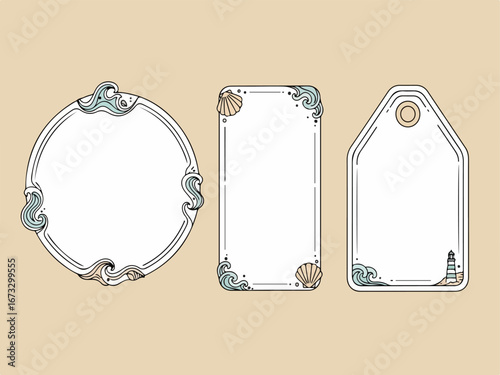 Decorative Nautical Frames with Seashells and Waves A Collection of Circular, Rectangular, and Tag-Shaped Borders