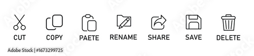 Essential digital action icons cut copy paste rename share save delete for modern interface design. vector illustraiton