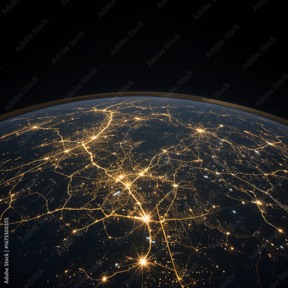 Obraz premium Earth at night showing glowing city lights and transportation networks
