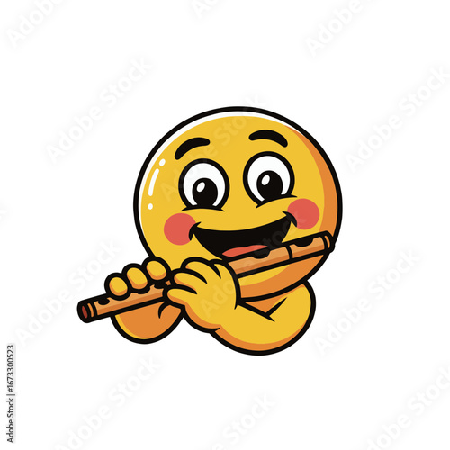 Cheerful cartoon character playing a flute with joy in a colorful and friendly style