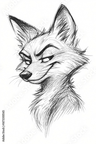 Crafty fox portrait with a sly grin, perfect for storybook illustrations and character design projects