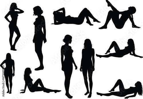 Silhouette of women in various standing and lying poses, female figure vector design, body posture concept for fashion, beauty, and modeling themes
