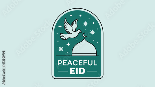 Peaceful eid badge featuring a white dove flying over a mosque dome under a starry night sky design
