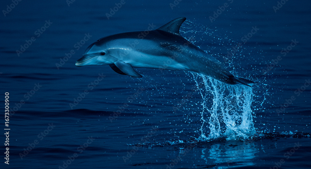 Fototapeta premium Graceful dolphin leaps from deep blue ocean water creating dynamic splash, pure nature wonder