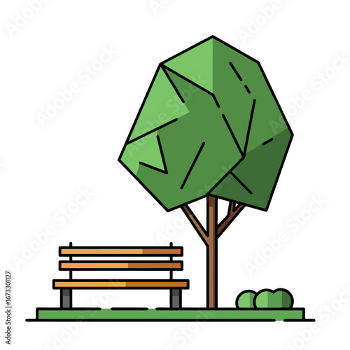 Park Bench with Tree Vector Icon Illustration