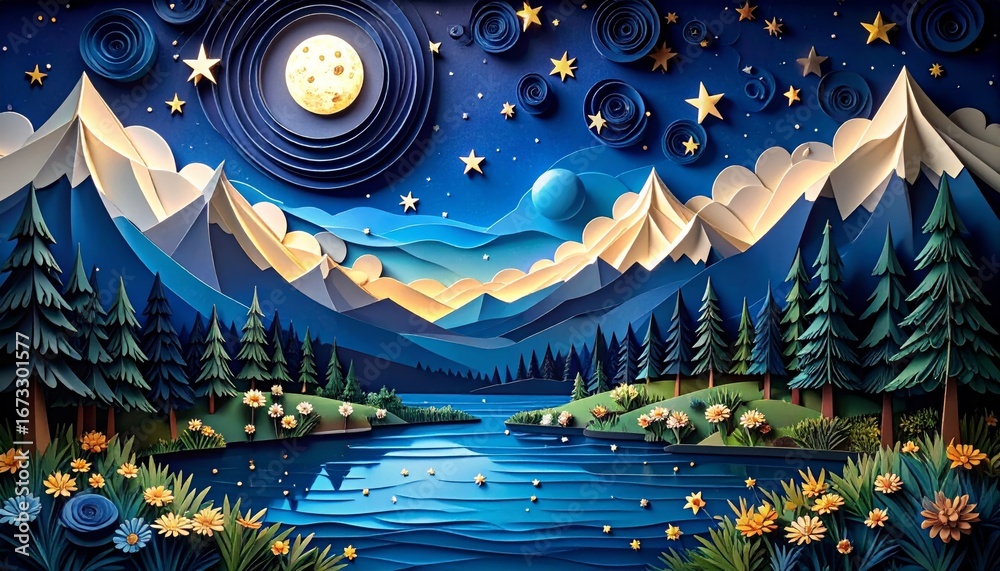 Obraz premium Fantasy winter landscape illustration with a Christmas tree decorated with stars and snowflakes, perfect for a holiday greeting card