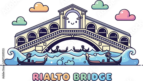 Whimsical Rialto Bridge Illustration with Gondolas and Pastel Clouds.