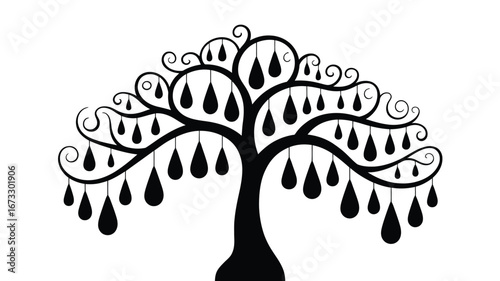 A stylized black tree with teardrop shaped leaves hanging from branches on a white background