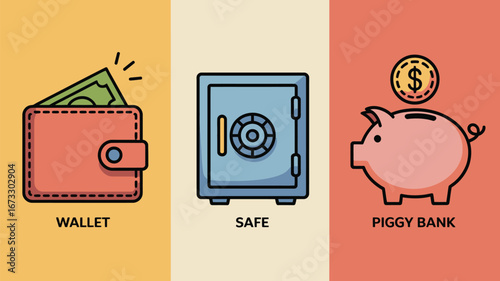 Illustration of a wallet with money, a safe, and a piggy bank representing different ways to save money