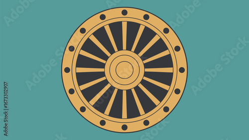 A graphic illustration of a golden wheel with black spokes and circular accents on a teal background