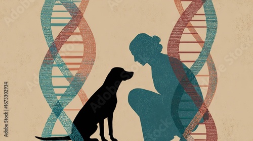 Interwoven dog and human silhouettes against DNA, symbolizing shared health journeys.