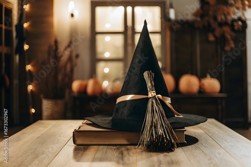 Halloween-Themed Indoor Scene with Witch Hat, Books, Pumpkins, and Warm Ambient Lighting