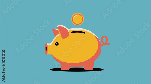 A cartoon piggy bank with a coin hovering above it against a solid light blue background illustration