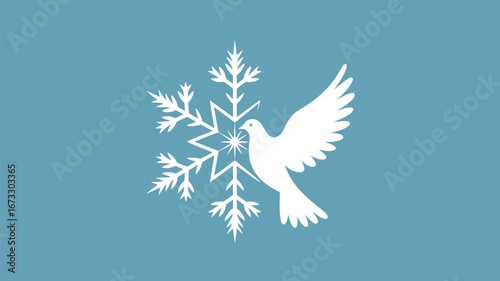 A stylized white dove in flight superimposed over a white snowflake against a light blue background