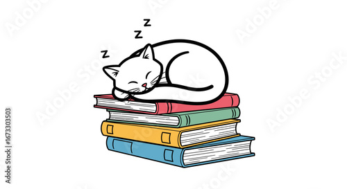 adorable white cat napping peacefully on a stack of colorful books