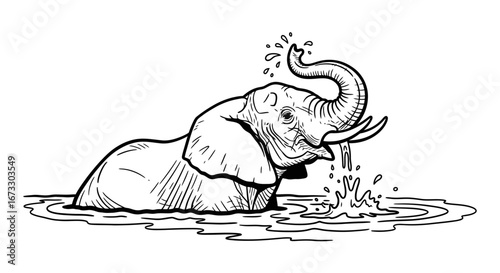african elephant drawing, drinking water, wildlife ink, nature sketch, animal illustration