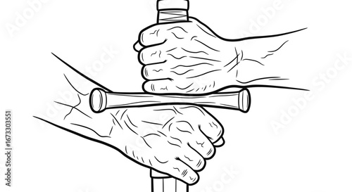 aged hands gripping sword handle line art, strength, power, heritage