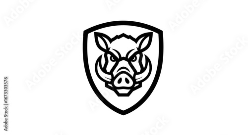 aggressive boar head in shield logo, wild hog mascot, hunting badge design