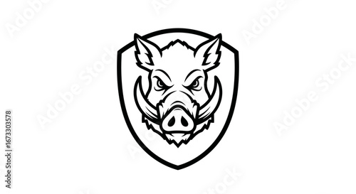 aggressive boar head in shield emblem wild hog, hunting, mascot, logo