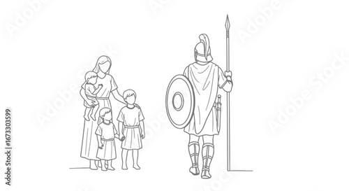 ancient greek family and warrior mother, children, soldier, shield, spear