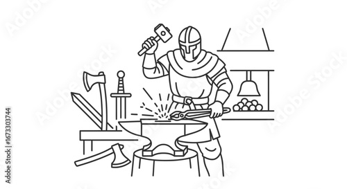 blacksmith knight forging medieval sword at anvil, line art illustration