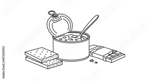 canned food, chocolate, and crackers simple meal illustration