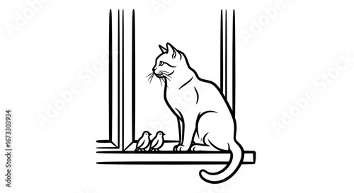cat and birds on windowsill line art, pet, nature, wildlife, spring
