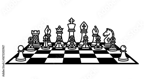chessboard game strategy pieces line art, black and white, game set up